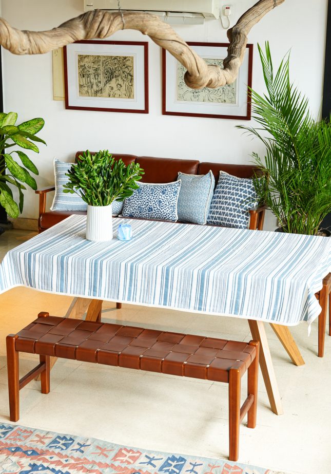 Table Cloth Cotton Linen Stripe Denim size 190cm x 130cm